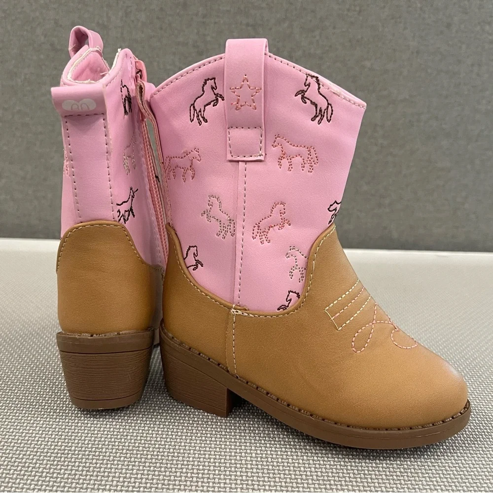 Kids Pink & Tan Western Cowboy Boots - Cute Horse Print